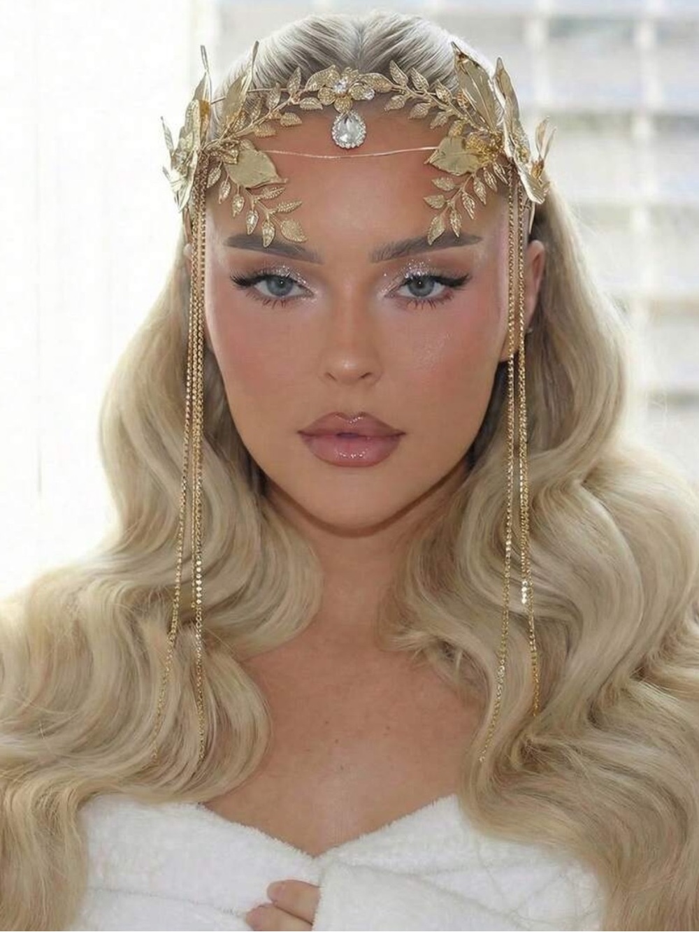 Bohemian Style Gold Long Tassel Bride Forehead Band Alloy Leaf Wedding Hair Acce